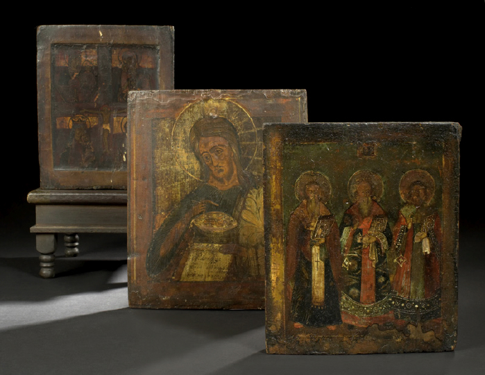 Appraisal: Russian Polychromed Wooden Ikon of Three Saints in Benediction third