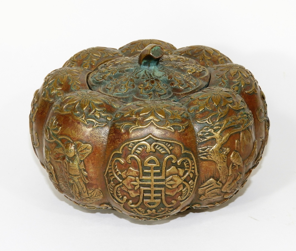 Appraisal: C CHINESE GILT BRONZE PUMPKIN FORM COVERED BOX China th