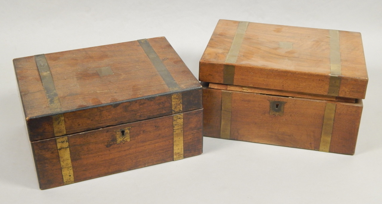 Appraisal: Two similar Victorian walnut and brass bound writing boxes AF