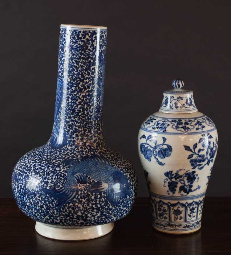 Appraisal: TWO CHINESE BLUE AND WHITE PORCELAIN VESSELS lidded jar meiping