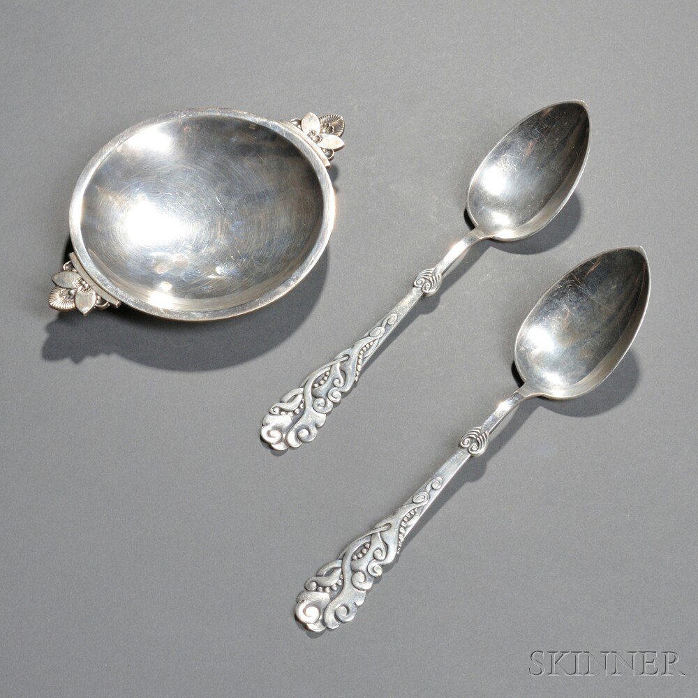 Appraisal: Georg Jensen Dish and Two Silver Serving Spoons Sterling silver