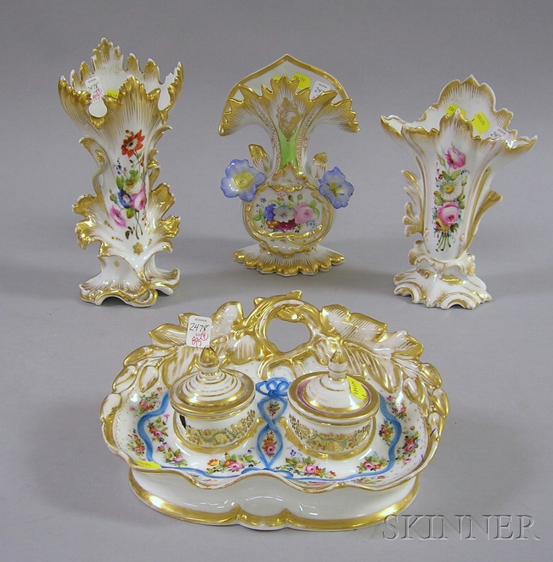 Appraisal: Paris Porcelain Gilt and Hand-painted Ink Stand and Three Vase