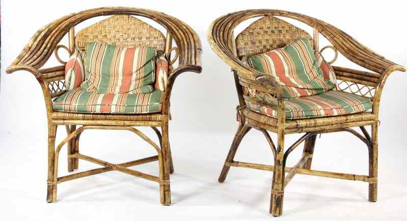 Appraisal: Pair of Rattan Arm Chairswith bamboo framing rattan seat and