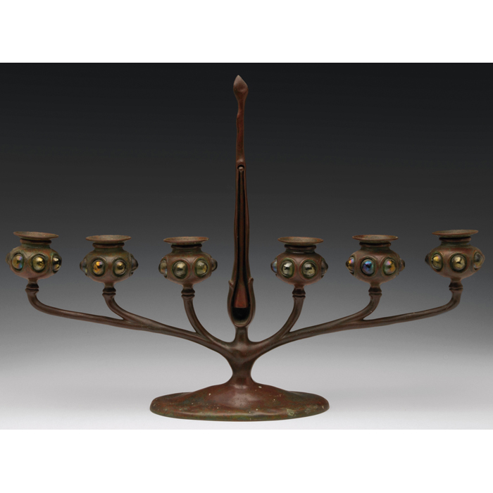 Appraisal: Exceptional Tiffany Studios candelabra six-arm form in bronze with multicolored