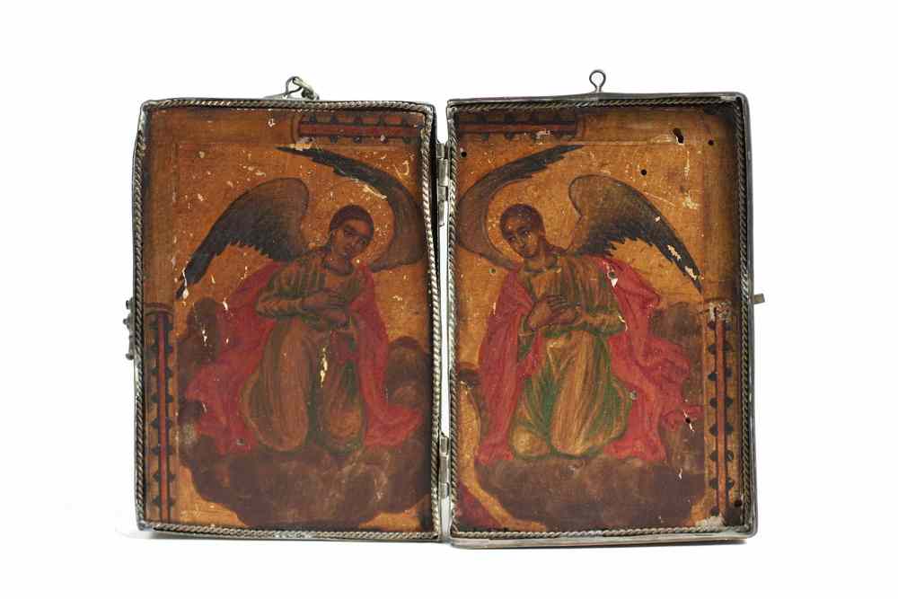 Appraisal: RUSSIAN ICON DIPTYCH - Wooden Panels depicting kneeling angels in