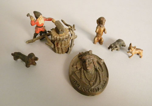 Appraisal: Bronze figural inkwell together with cold painted bronze animals and