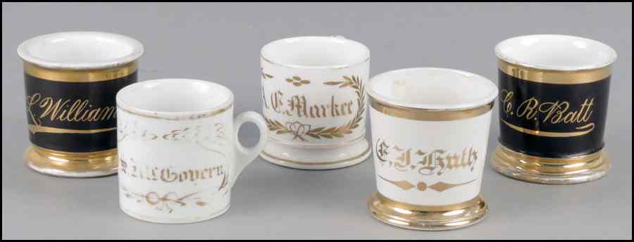 Appraisal: GROUP OF FIVE SHAVING MUGS Tallest '' Condition No Specific