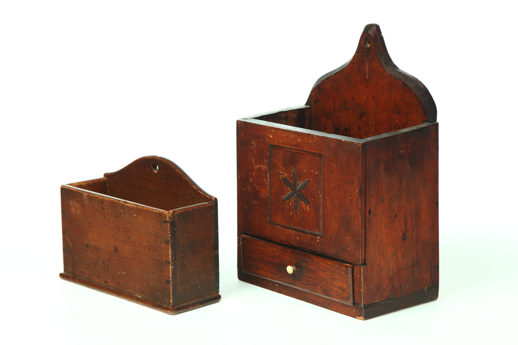 Appraisal: TWO HANGING WALL BOXES American th century Open pine box