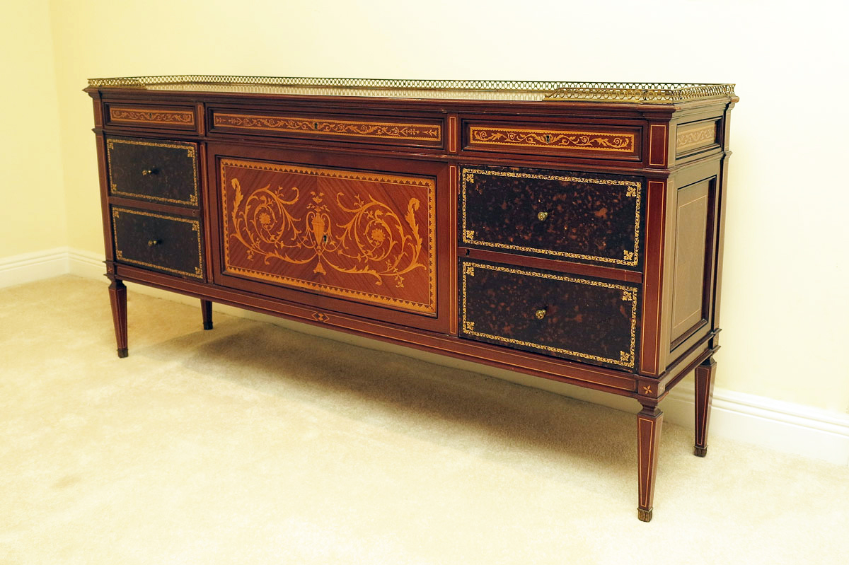 Appraisal: MARQUETRY INLAID SIDE CABINET Brass gallery drawers with marquetry foliate