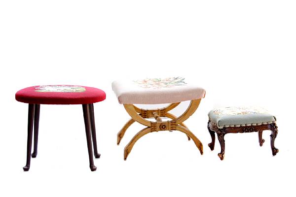 Appraisal: A group three needlepoint-upholstered stools comprising a Regency style X-form