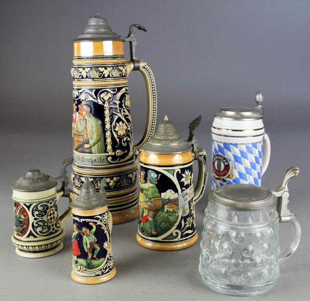 Appraisal: Varous German Lidded Beer SteinsTo include six pewter lidded polychrome