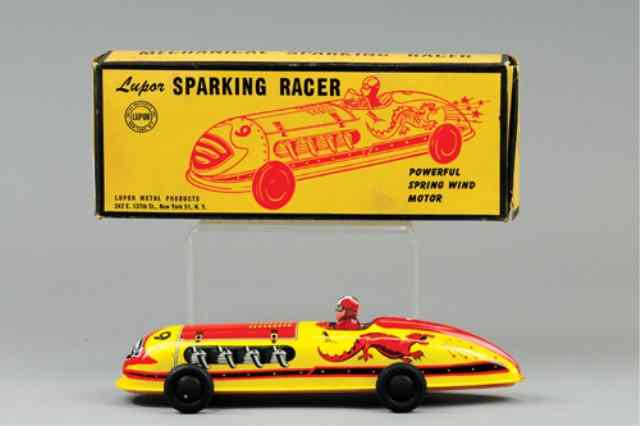 Appraisal: LUPOR BOXED MECHANICAL SPARKING RACER Lithographed tin great fire breathing