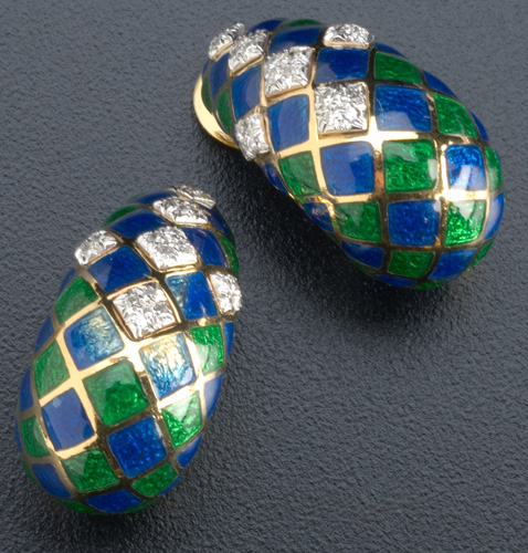 Appraisal: David Webb k yg and pt earrings with blue and