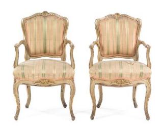 Appraisal: A Pair of Louis XV Style Painted Fauteuils Height inches