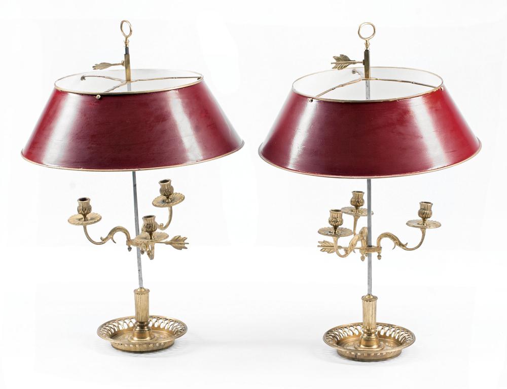 Appraisal: Pair of Empire-Style Gilt Bronze Three-Light Bouillotte Lamps reticulated dished