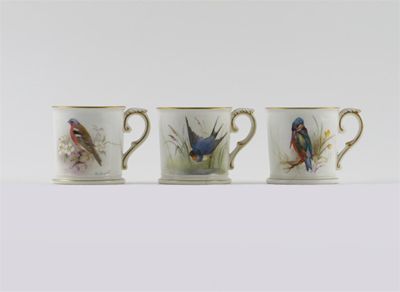 Appraisal: Three Royal Worcester ornithological small mugs painted with a chaffinch