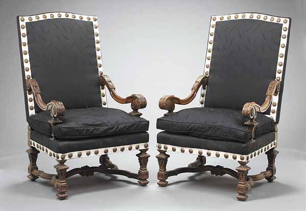 Appraisal: A Pair of Louis XIV-Style Carved Walnut Fauteuils la Reine