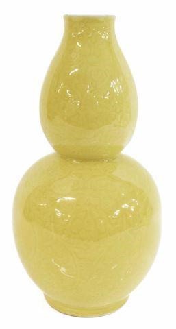 Appraisal: Chinese porcelain Huluping double gourd vase pale yellow glaze incised