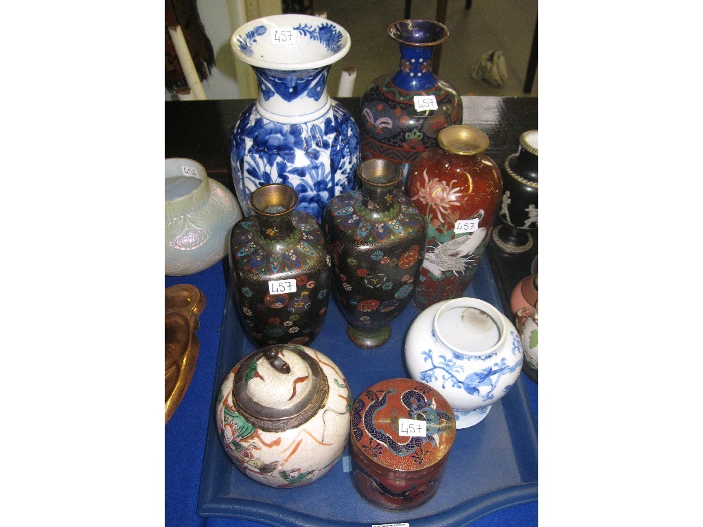 Appraisal: Tray lot of assorted oriental items - Cloisonne vases blue