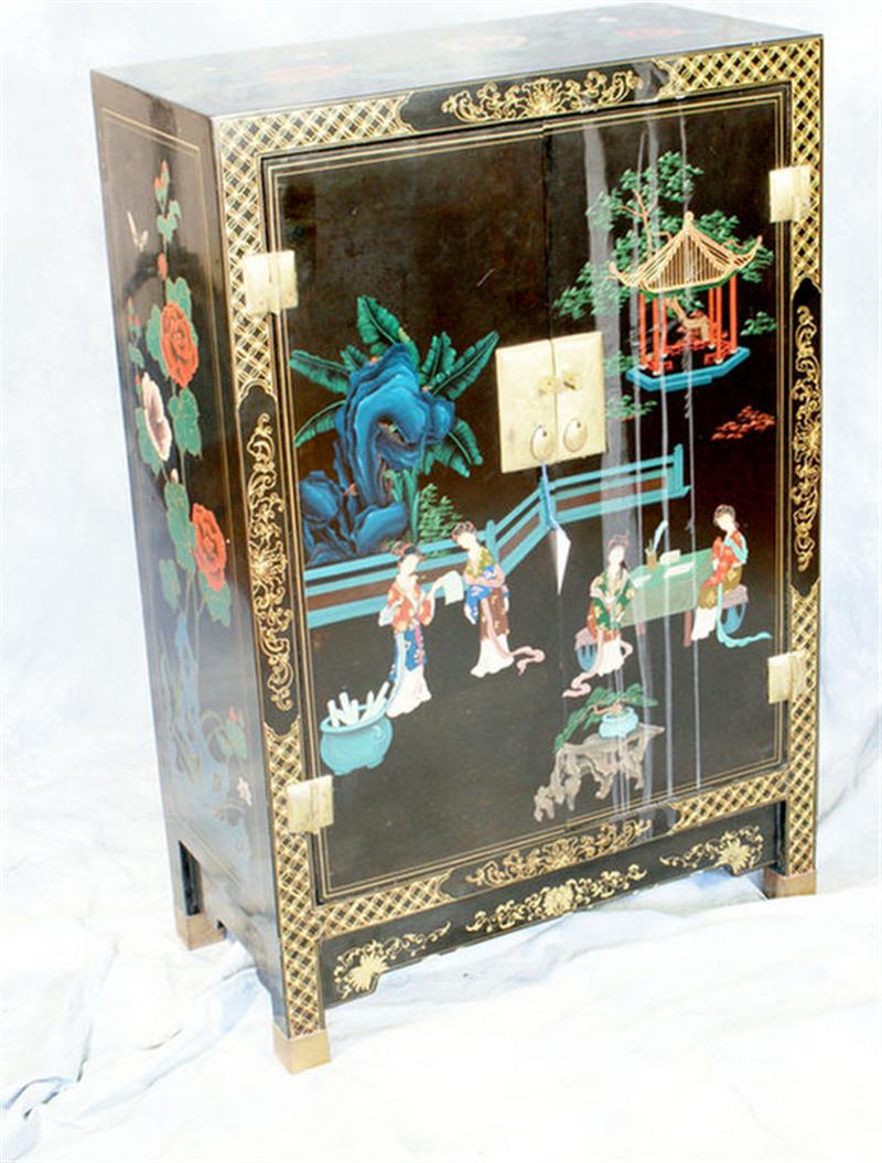 Appraisal: Lacquer decorated door Oriental cabinet with figure and landscape decoration