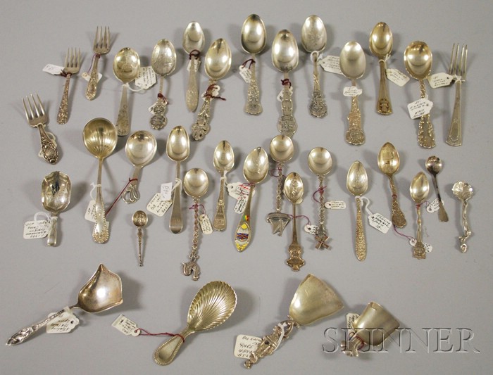 Appraisal: Approximately Thirty-four Silver Souvenir Spoons and Flatware Items including a