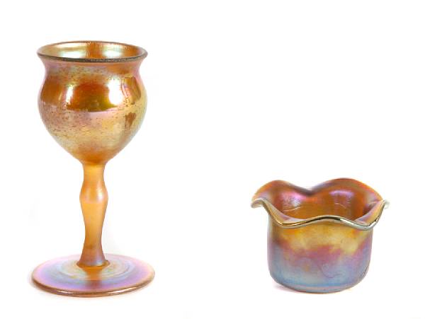 Appraisal: A Quezal iridescent glass open salt and a Kew-Blas glass