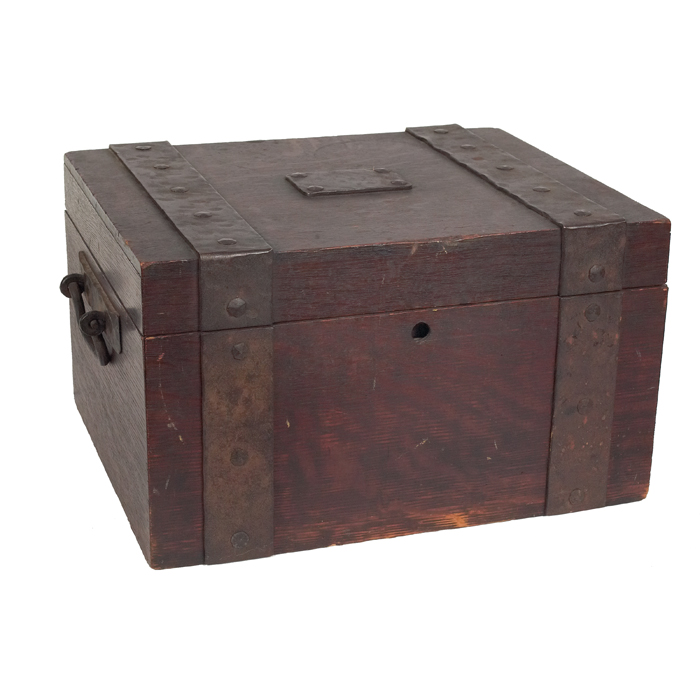 Appraisal: Arts and Crafts box wood with iron strap hardware handles