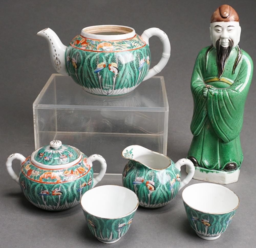 Appraisal: Chinese Export Green Fitzhugh Five-Piece Tete-a-Tete with Sancai Glazed Luohan