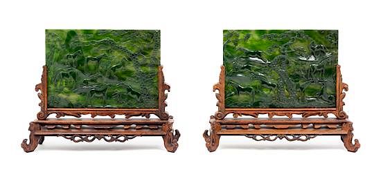 Appraisal: A Pair of Carved Spinach Jade Inset Hardwood Table Screens