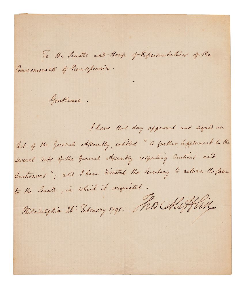 Appraisal: MIFFLIN Thomas - signer of the Constitution Manuscript document signed