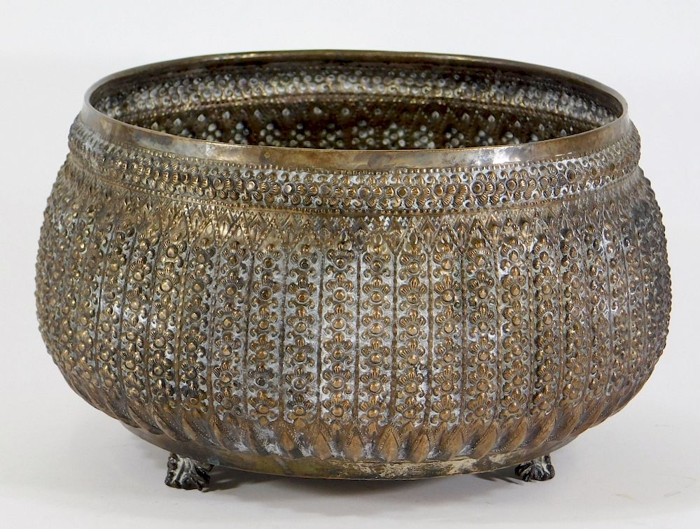 Appraisal: Middle Eastern Persian Silver Alloy Repousse Bowl Middle East Early