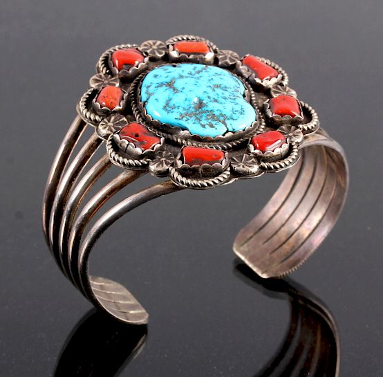 Appraisal: Navajo Sterling Silver Turquoise Coral Cuff This is a signed