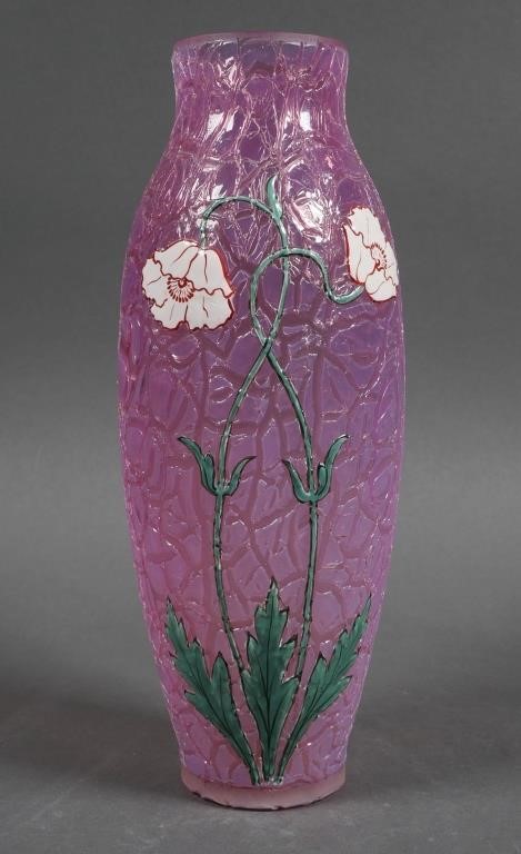 Appraisal: Antique circa iridescent pink crackle glass vase likely either Loetz