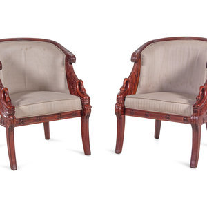 Appraisal: A Pair of Empire Style Carved Mahogany Swan's Neck Barrel