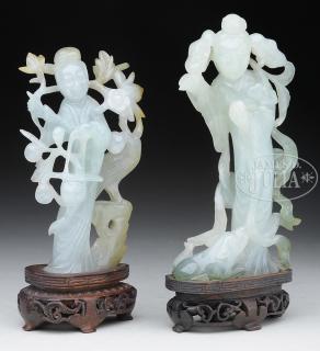 Appraisal: TWO CARVED JADEITE STATUES OF STANDING MAIDENS Late Qing China