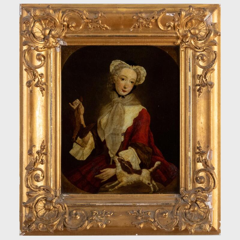 Appraisal: European School Lady in a Red Dress with a Spaniel