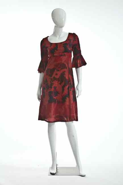 Appraisal: VINTAGE SCHIAPARELLI RED PRINT DRESS s Empire bodice the sleeves