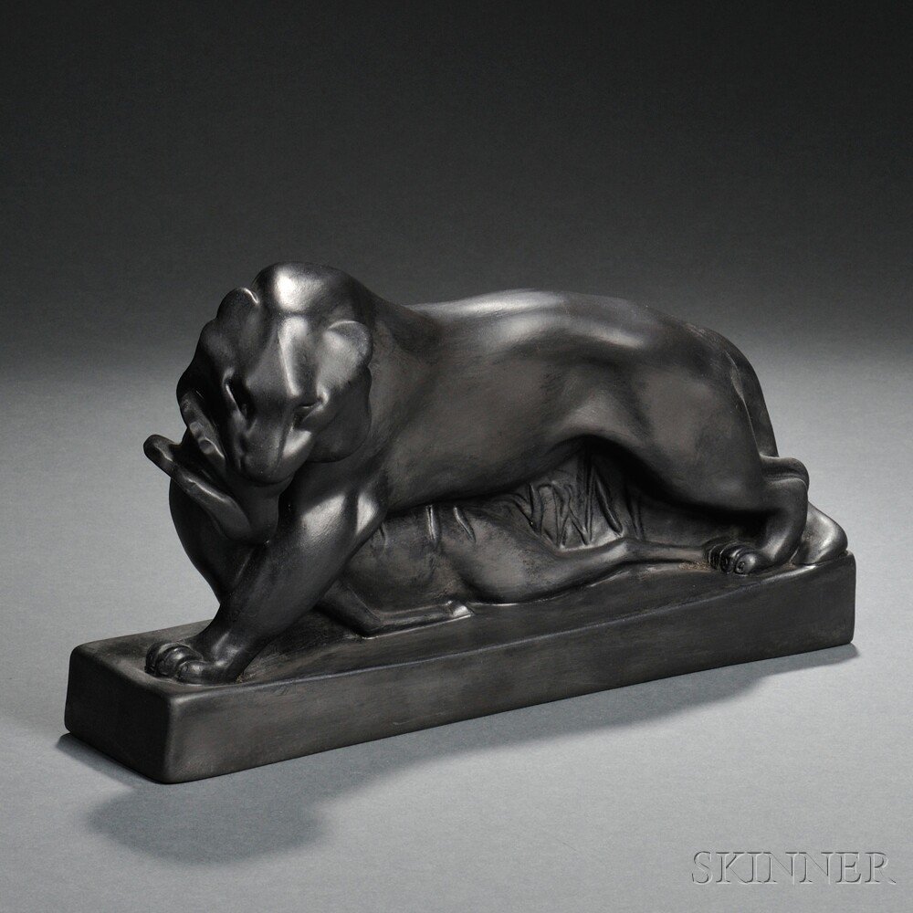 Appraisal: Wedgwood Skeaping Black Basalt Model of a Tiger and Buck