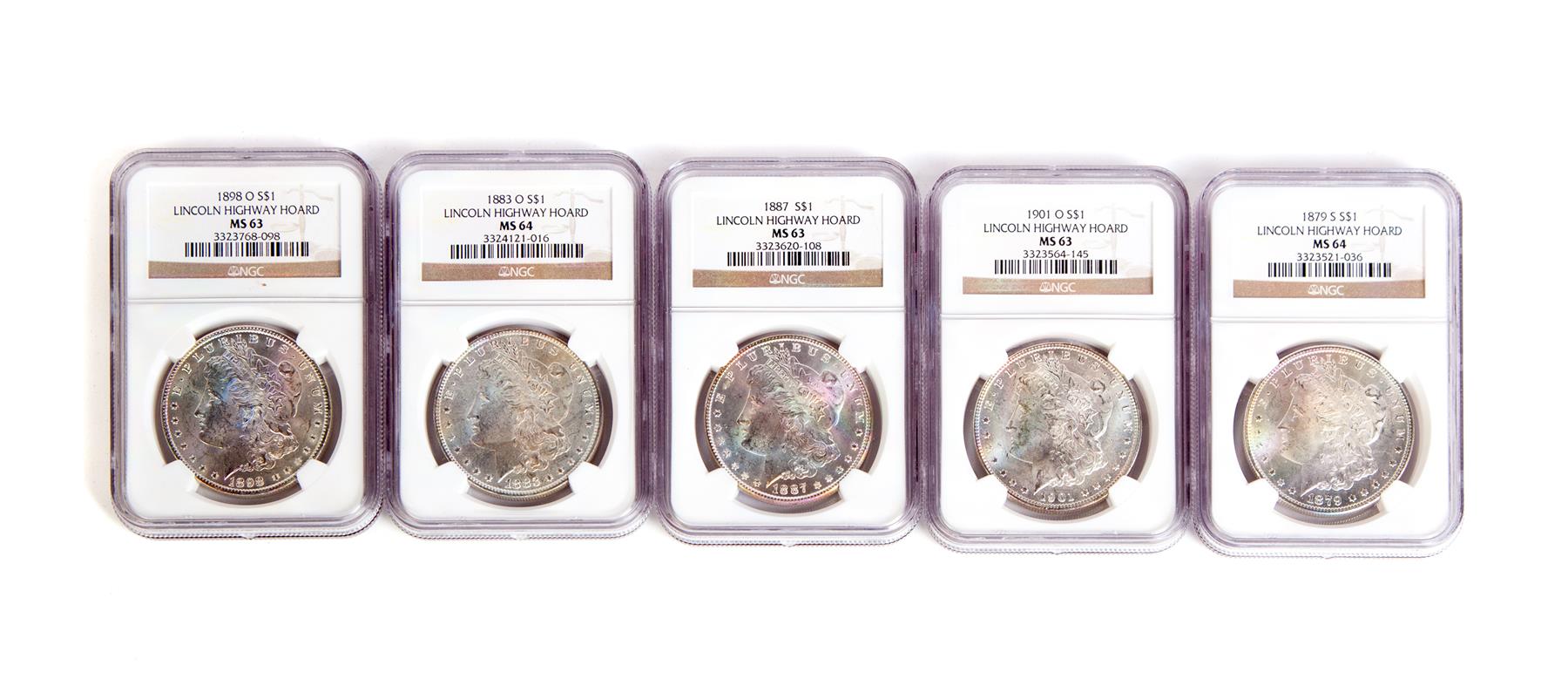 Appraisal: FIVE GRADED MORGAN SILVER DOLLARS O O all MS S