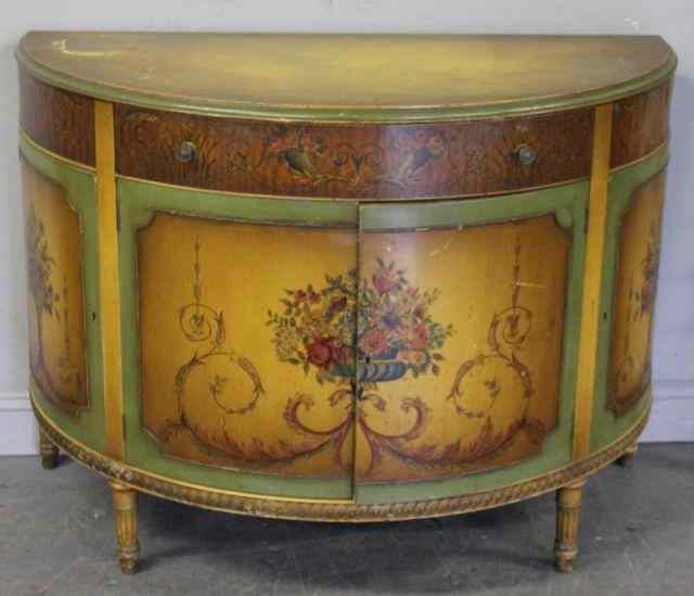 Appraisal: Vintage Paint Decorated Demilune Commode With original flowers and scrollwork