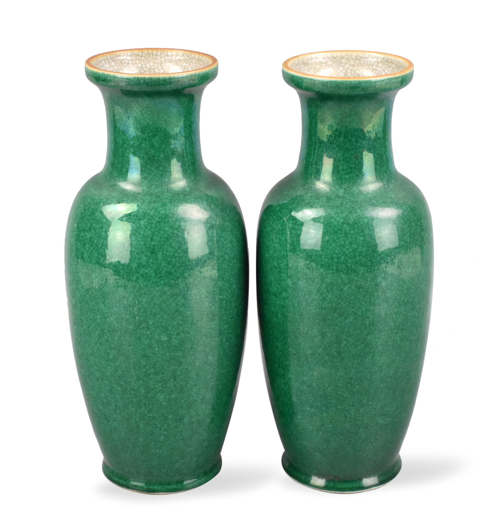 Appraisal: A pair of Chinese ge-type green glazed vases Two high-waisted