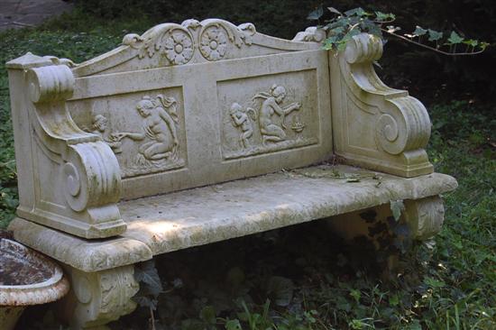 Appraisal: ANTIQUE CARVED MARBLE GARDEN BENCH With figural panels of putti