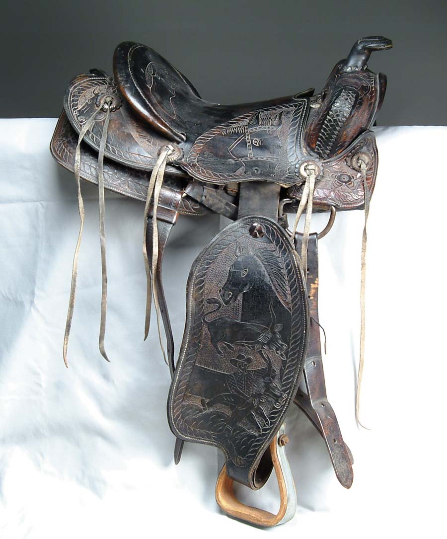 Appraisal: LEATHER STOCK SADDLE Fine old tooled working saddle with about