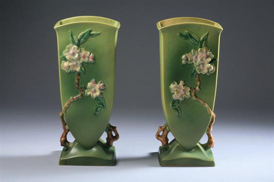 Appraisal: PAIR ROSEVILLE ART POTTERY APPLE BLOSSOM GREEN VASES Raised Roseville