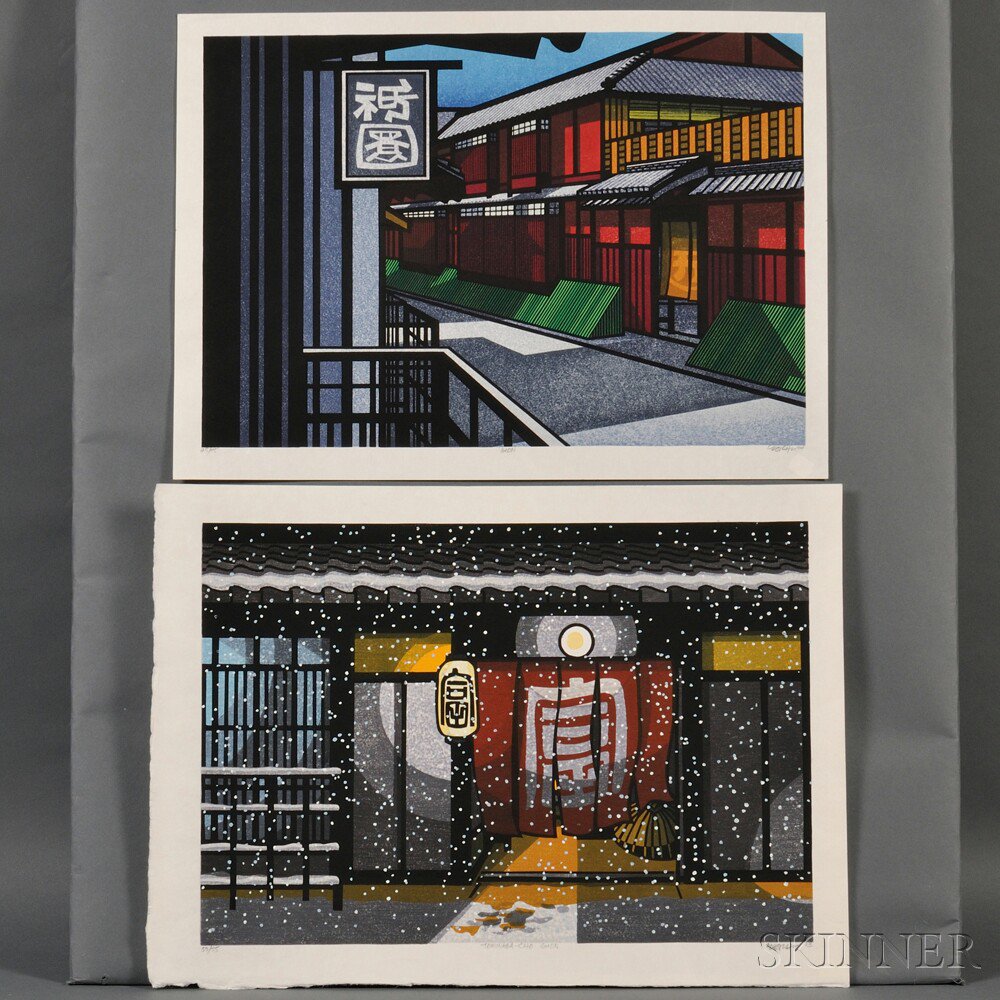 Appraisal: Clifton Karhu b Two Color Woodblocks Japan Gion depicting a