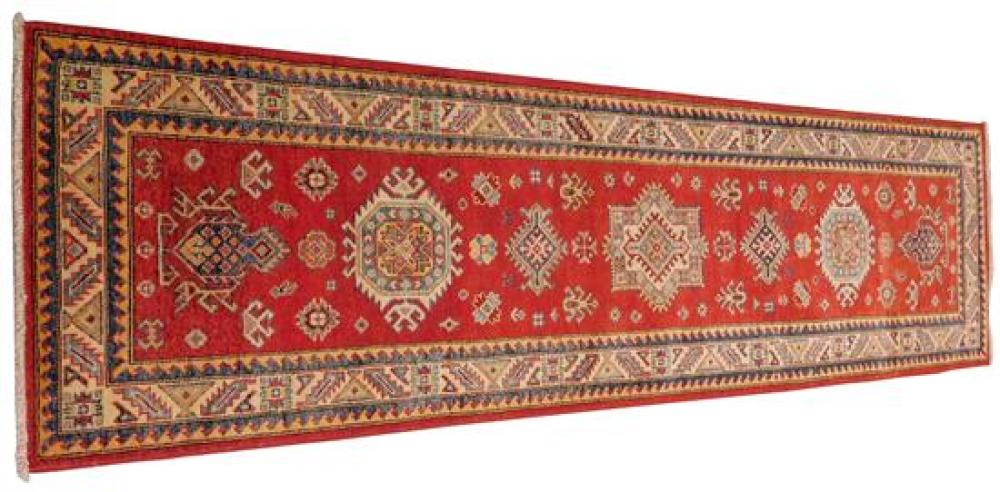 Appraisal: RUG Uzbek Kazak runner ' x ' red field cream