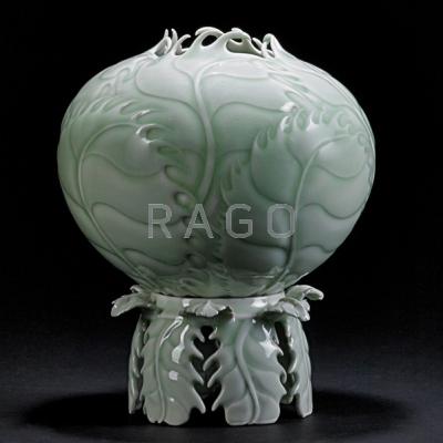 Appraisal: CLIFF LEE b Fine carved porcelain Cabbage vase with celadon