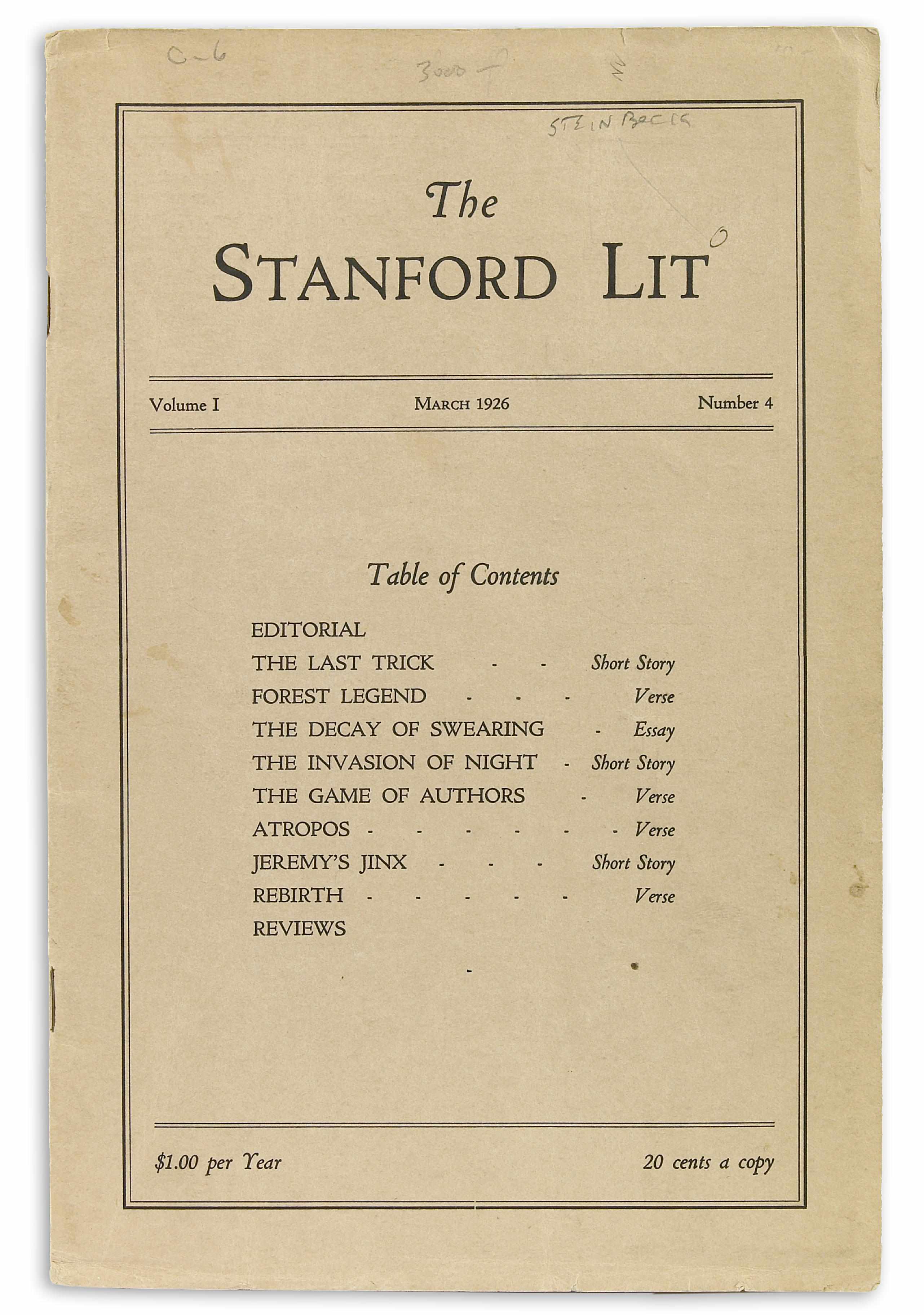 Appraisal: STEINBECK JOHN - The Stanford Lit Volume number March vo