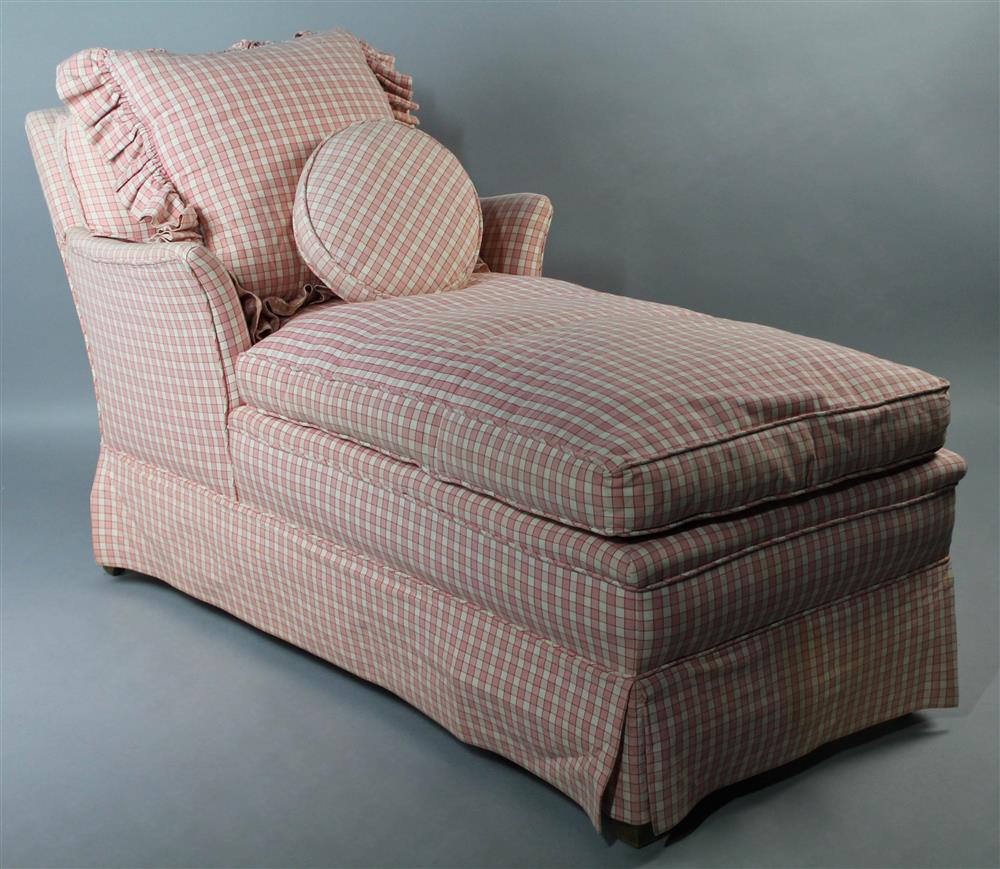 Appraisal: PLAID CHECK UPHOLSTERED CHAISE LONGUE with slight outwardly curved arms