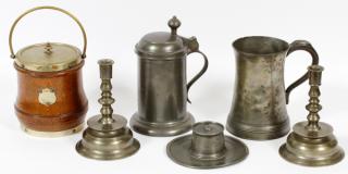 Appraisal: ENGLISH PEWTER MUG AND OAK BISQUIT BARREL PLUS FOUR OTHERS